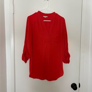 Pleione Red Blouse with Mandarin Collar and Cuffed 3/4 Sleeves